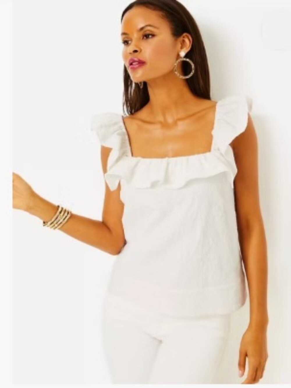 Lilly Pulitzer Zoya Ruffle Top, Resort White Caliente Pucker Jacquard | Size 2